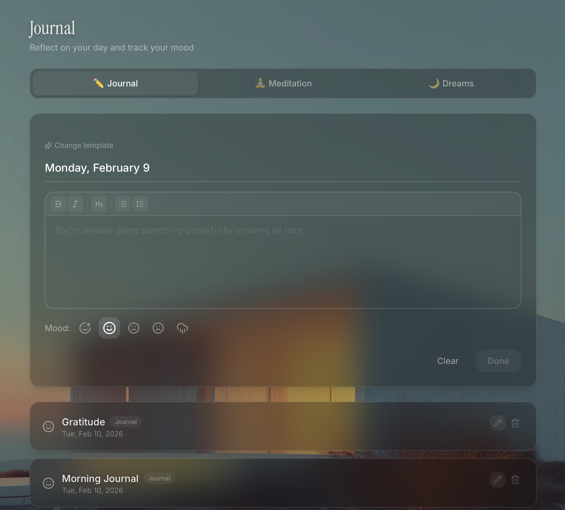 Journal writing interface